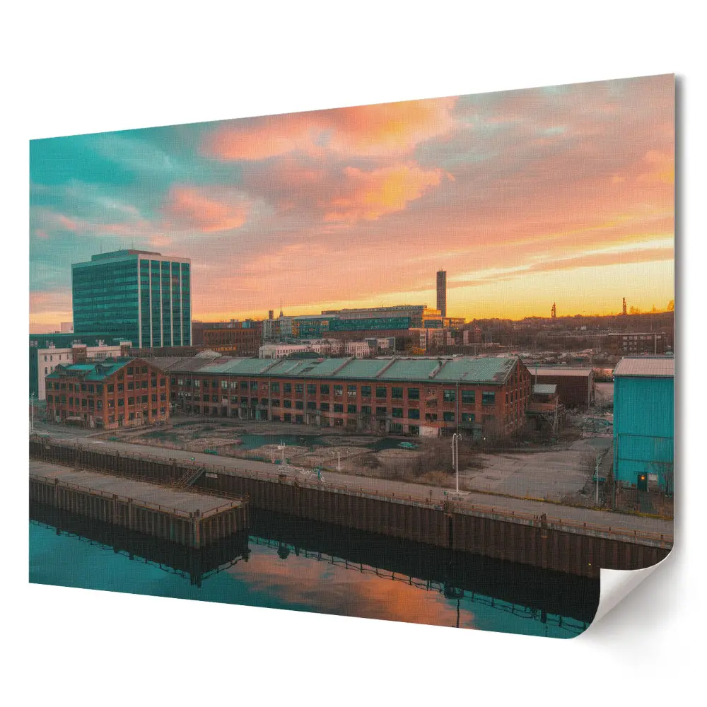 Tablou canvas modern cu apus de soare deasupra unui oraș portuar