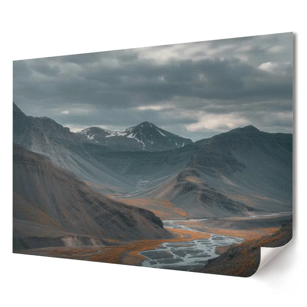 Tablou canvas modern cu peisaj montan, râu și nori