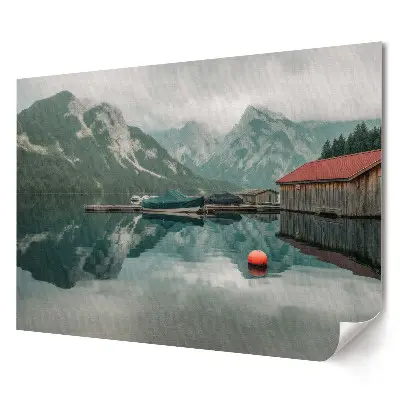 Poster stilizat pentru living reprezentând un lac liniștit într-un peisaj montan