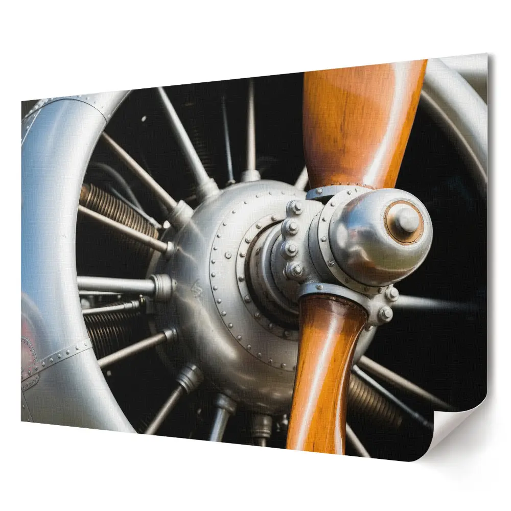 Poster decorativ pentru living cu motor de avion și elice din lemn