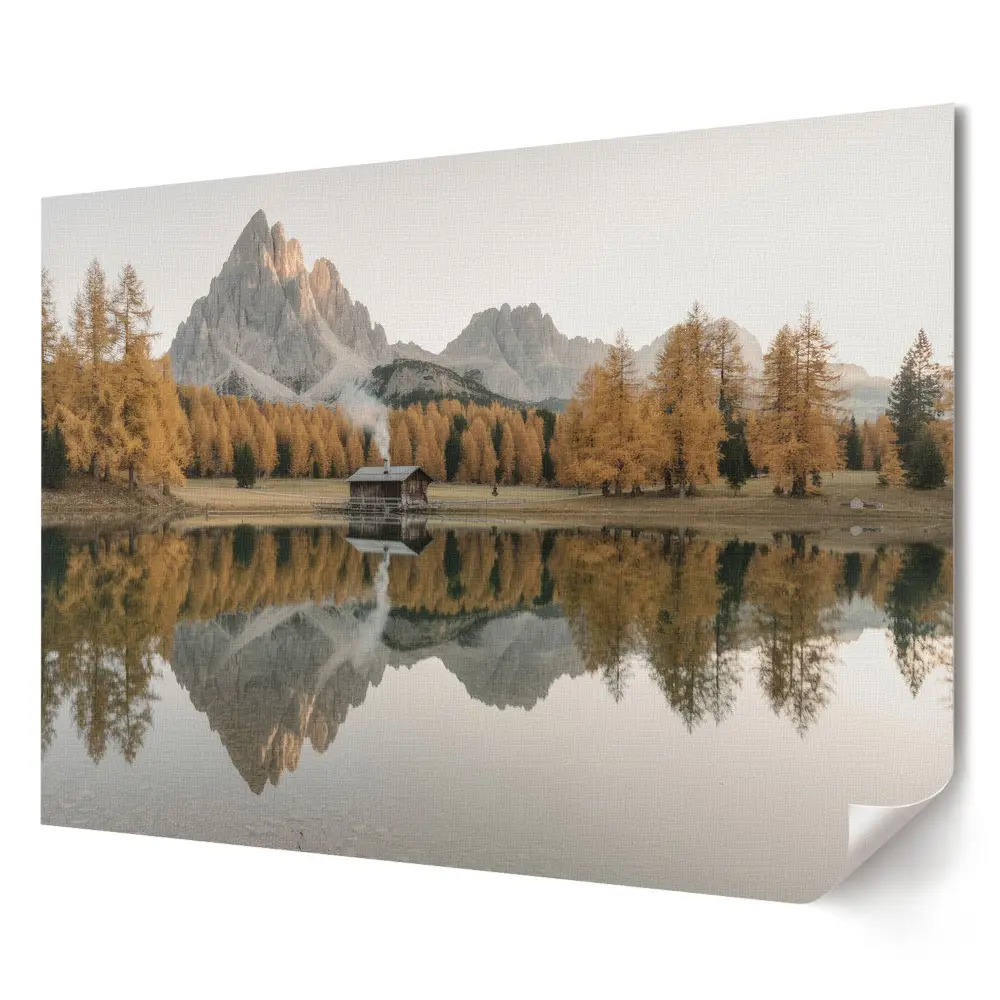 Tablou canvas modern cu peisaj montan de toamnă și reflecție