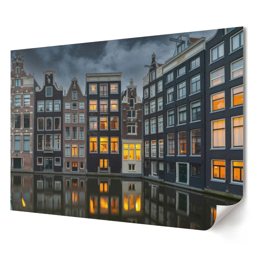 Poster stilizat pentru living cu case din Amsterdam la amurg