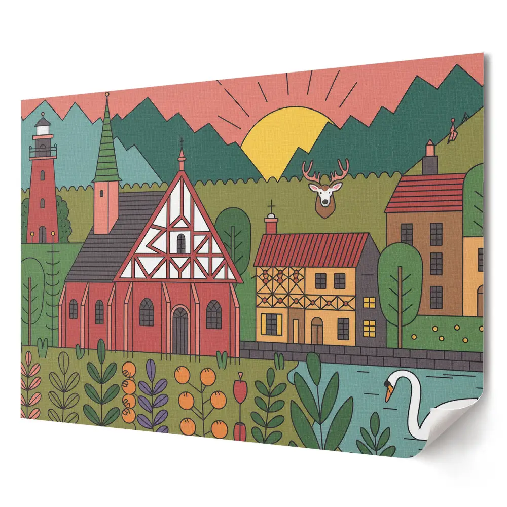 Tablou canvas modern cu peisaj pitoresc din natură și căsuțe