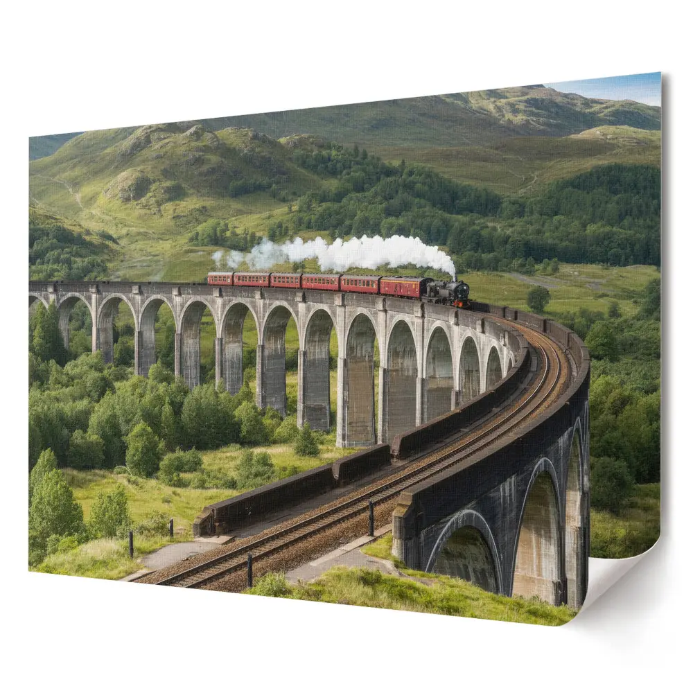 Poster stilizat pentru living cu tren pe pod montan pitoresc