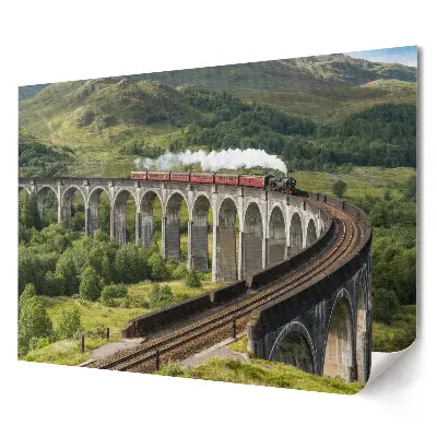 Poster stilizat pentru living cu tren pe pod montan pitoresc