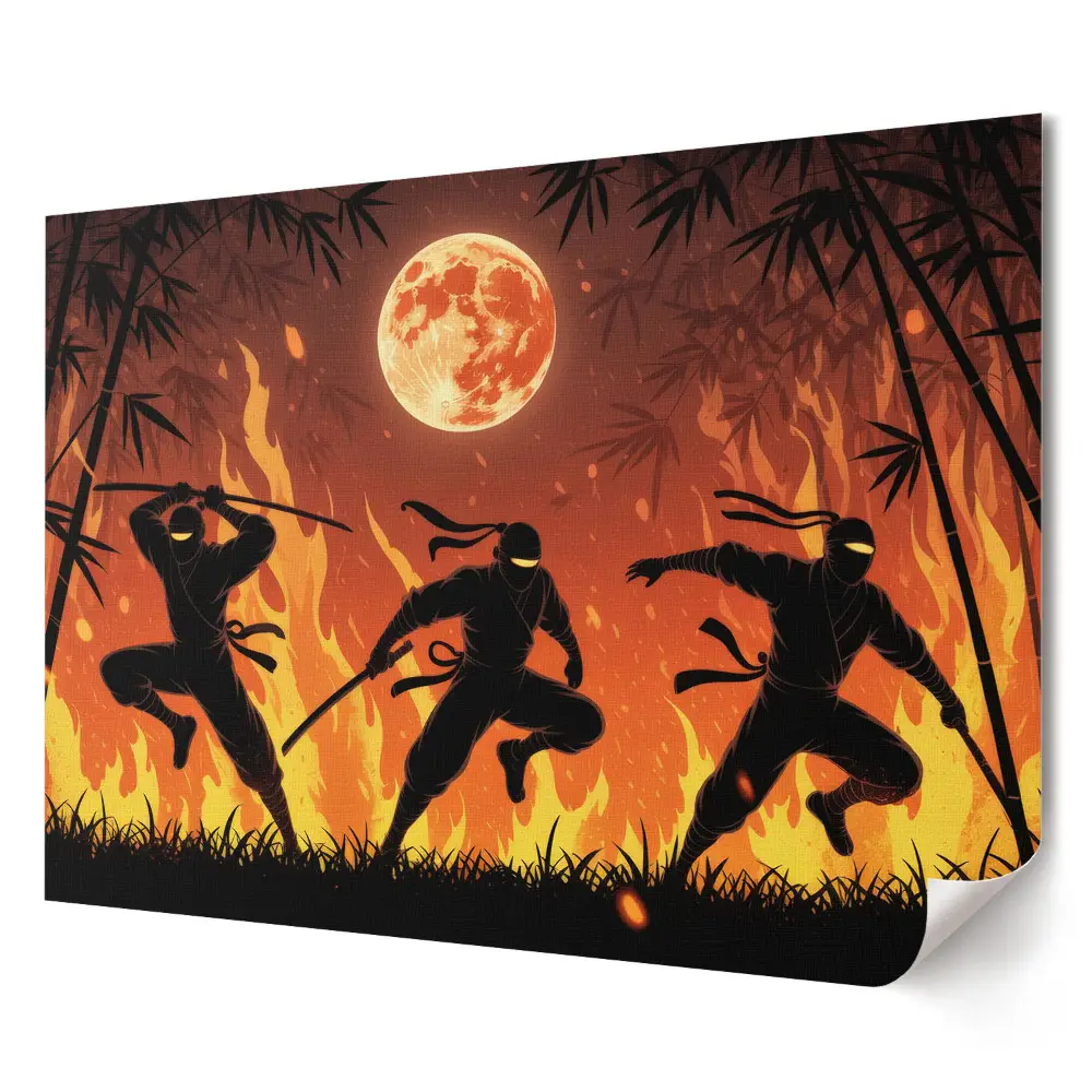 Poster pentru living cu ninja în flăcări sub luna plină