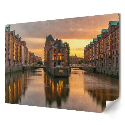 Tablou canvas modern cu apus de soare peste canalele din Hamburg