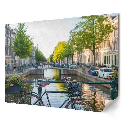 Poster pentru living cu bicicletă pe marginea canalului din Amsterdam la apus