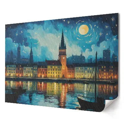 Poster de perete elegant cu panoramă nocturnă a orașului lângă râu