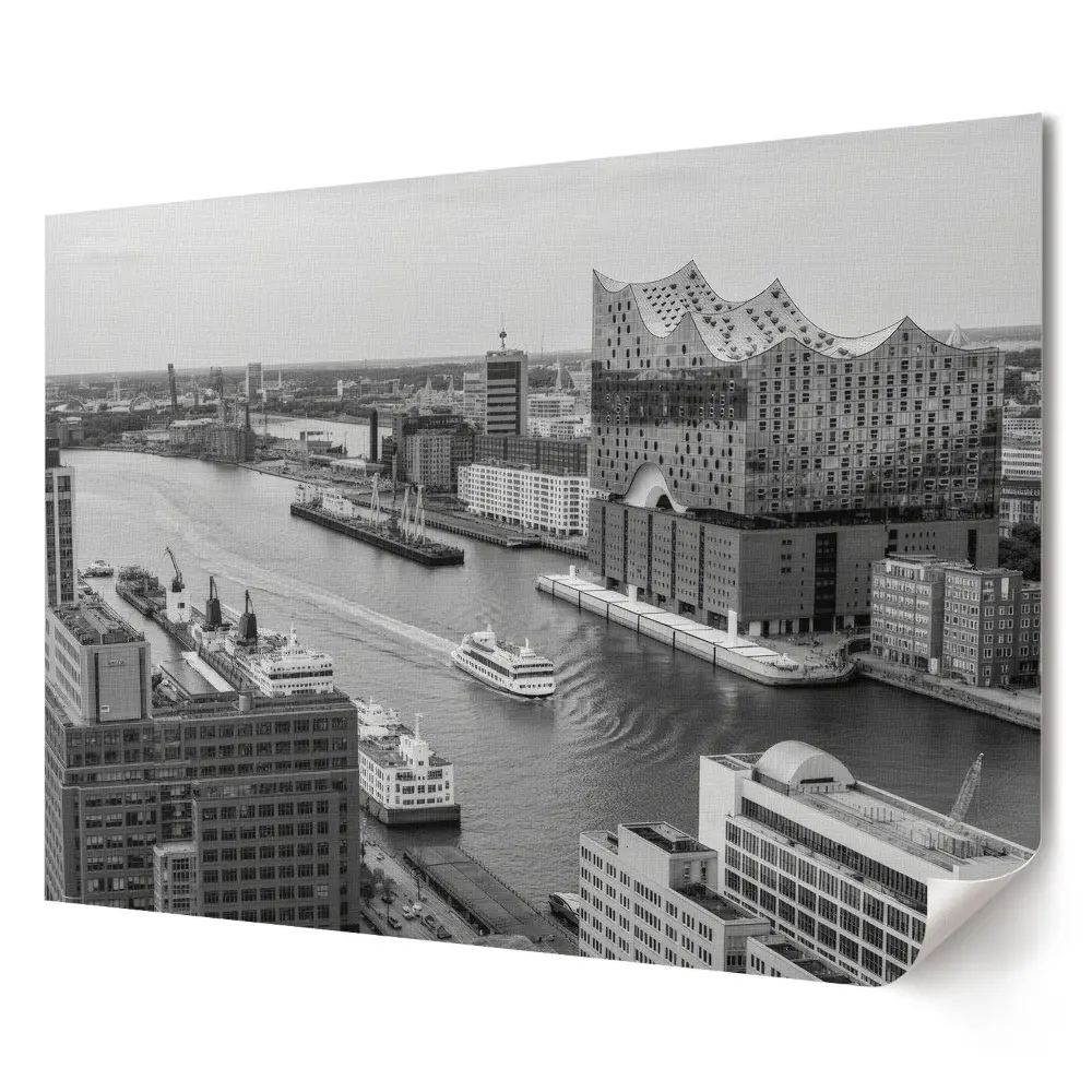 Poster pentru living cu arhitectură modernă pe malul râului în stil monocrom