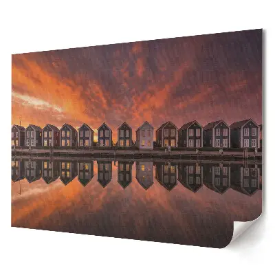 Tablou canvas modern cu apus de soare și case colorate