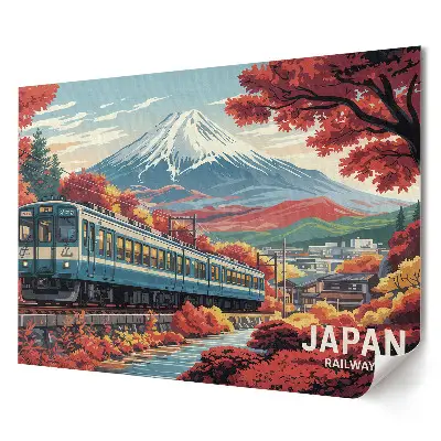 Tablou canvas modern cu peisaj de toamnă și cale ferată în Japonia