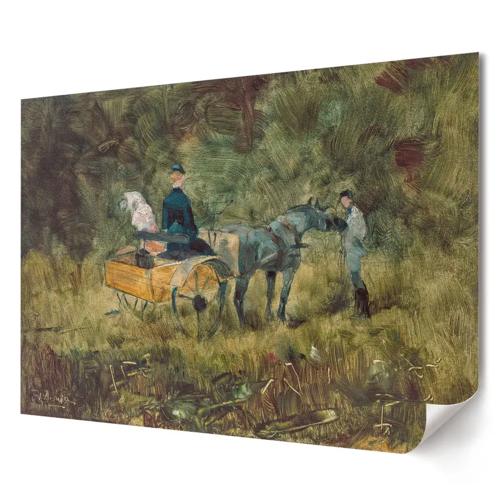 Poster stilizat pentru living cu peisaj rural reprezentând cal și căruță