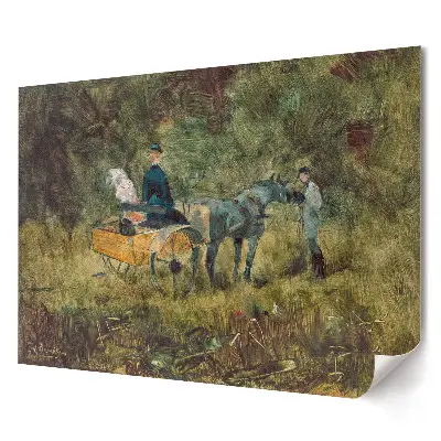 Poster stilizat pentru living cu peisaj rural reprezentând cal și căruță