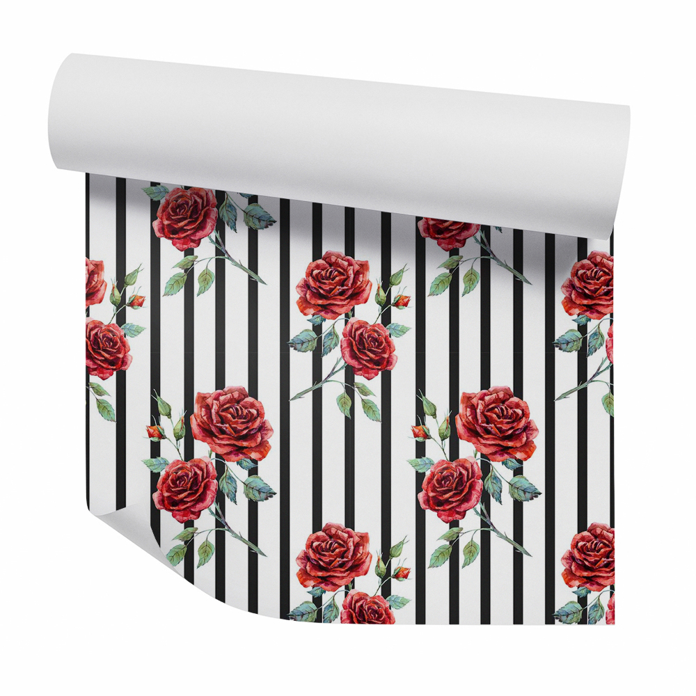Tapet de perete Trandafiri pe dungi verticale negre