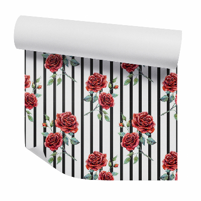 Tapet de perete Trandafiri pe dungi verticale negre