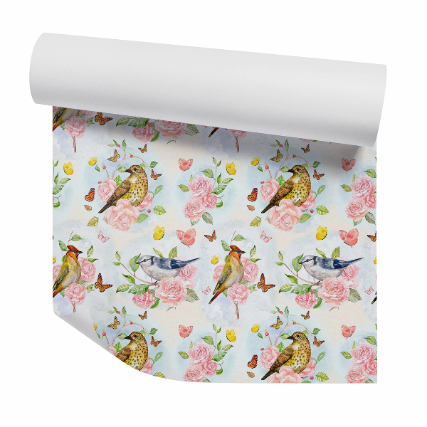 Tapet decorativ Păsări printre flori și fluturi