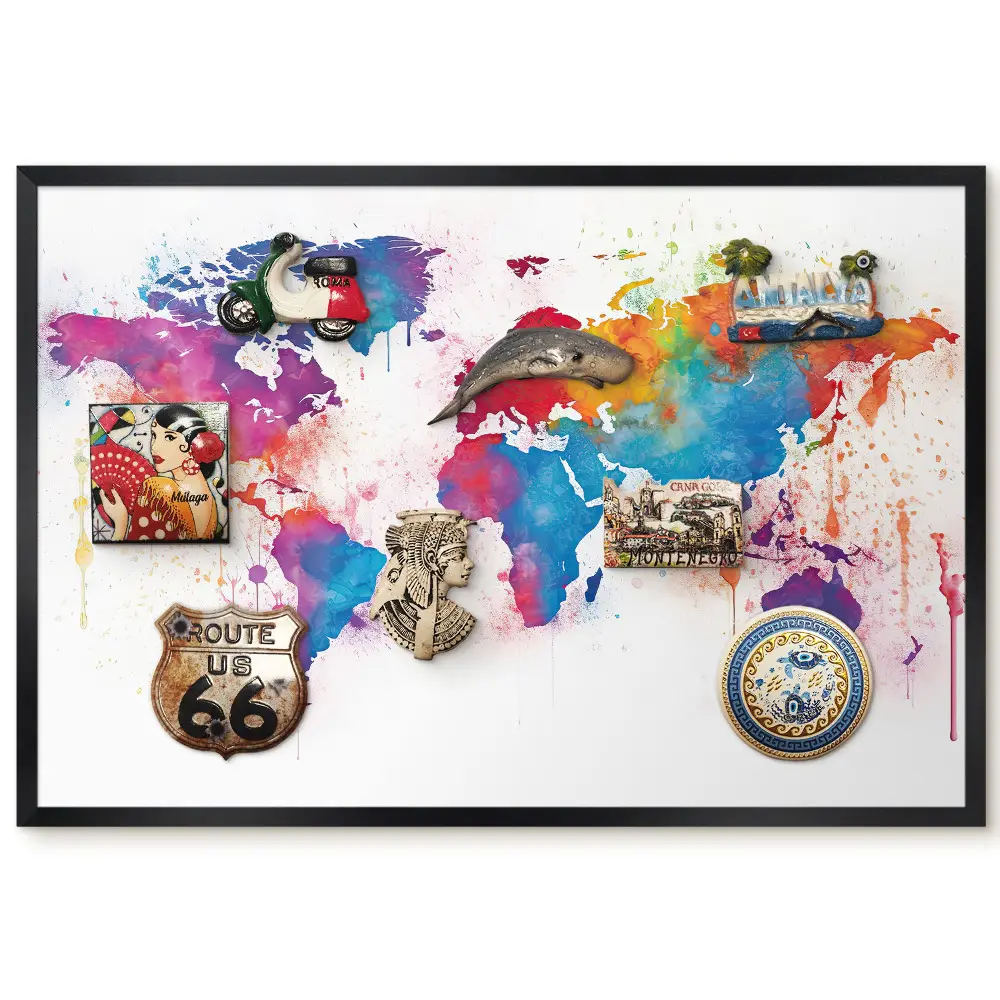 Tablă magnetică de perete cu hartă a lumii în acuarelă