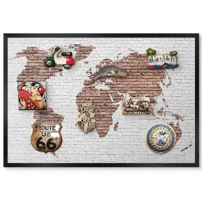 Tablă magnetică imprimată cu hartă a lumii pe perete cu design de cărămidă