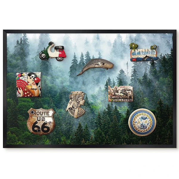 Panou magnetic înrămat cu peisaj de pădure densă în ceață