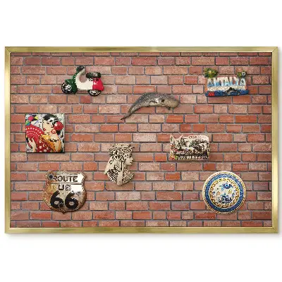 Tablă magnetică de perete cu ramă aurie și design de cărămidă brută