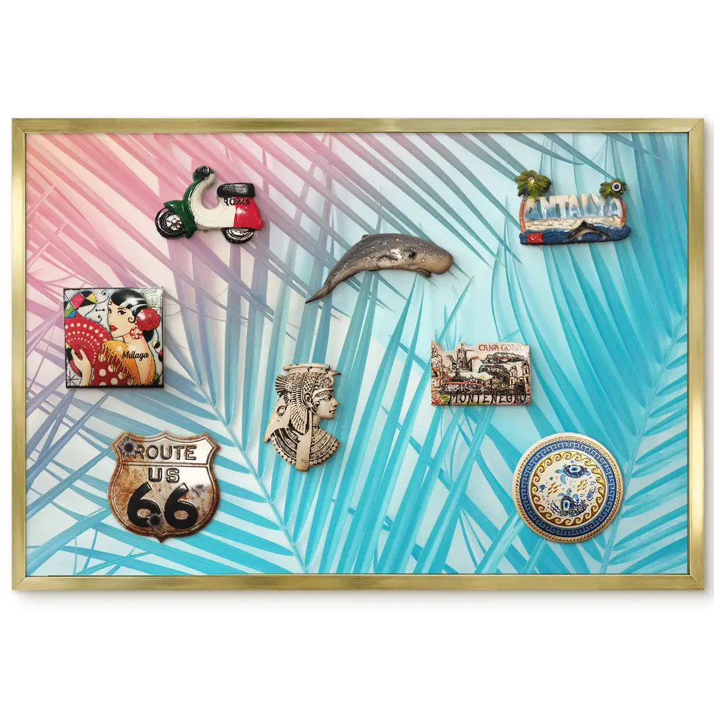 Tablă metalică de perete cu ramă decorată cu frunze de palmier în culori pastelate