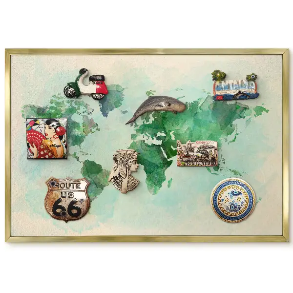 Tablă metalică de perete cu hartă a lumii în acuarelă în nuanțe de verde și ramă