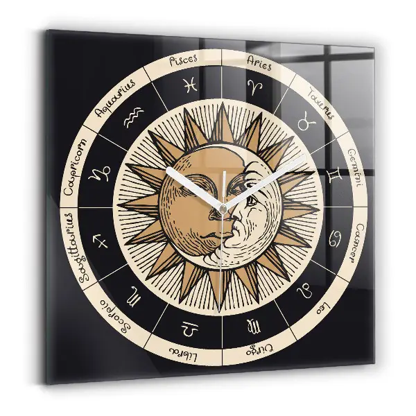 Ceas perete din sticlă pătrat Soarele și zodiacul