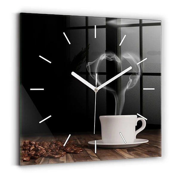 Ceas perete din sticlă pătrat O ceașcă de cafea fierbinte
