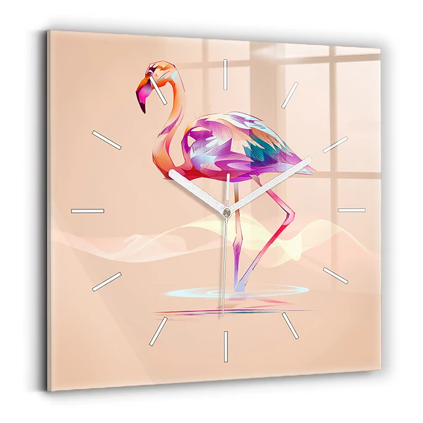 Ceas perete din sticlă pătrat Ilustrație cu flamingo