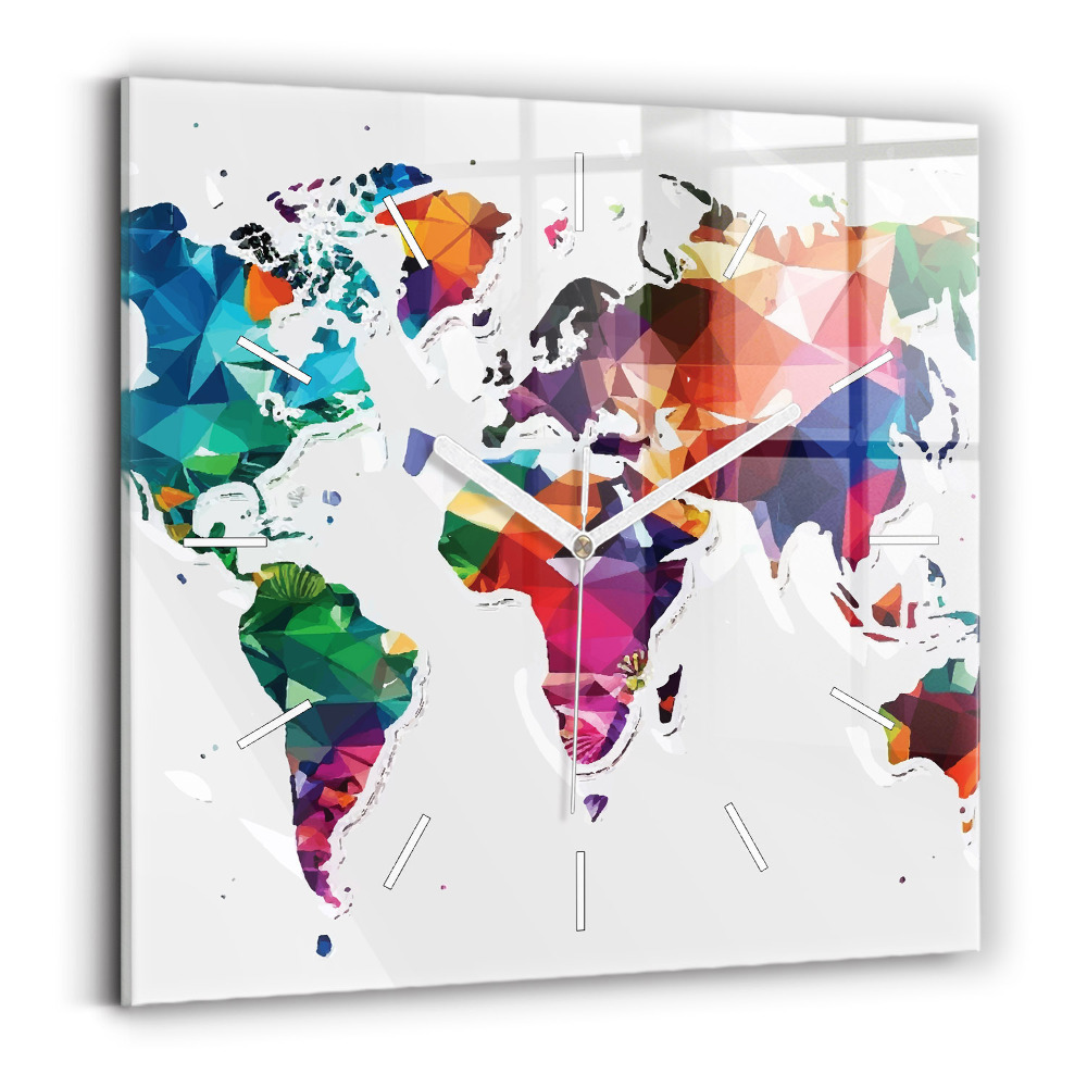 Ceas pătrat de perete din sticlă Harta lumii triunghiuri