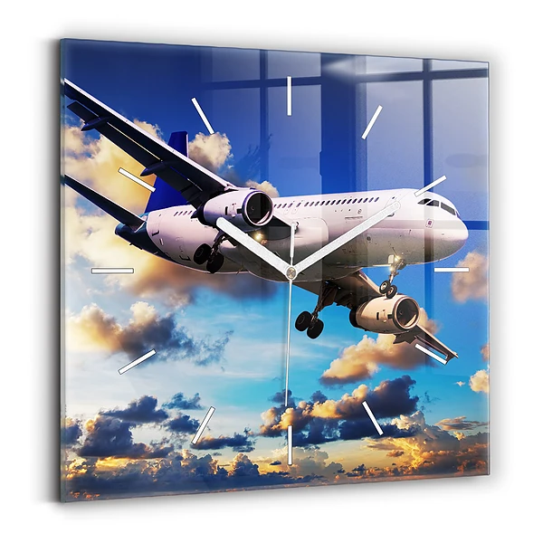 Ceas perete din sticlă pătrat Avion în nori
