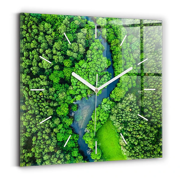 Ceas de sticlă pe perete pătrat Râu în pădure