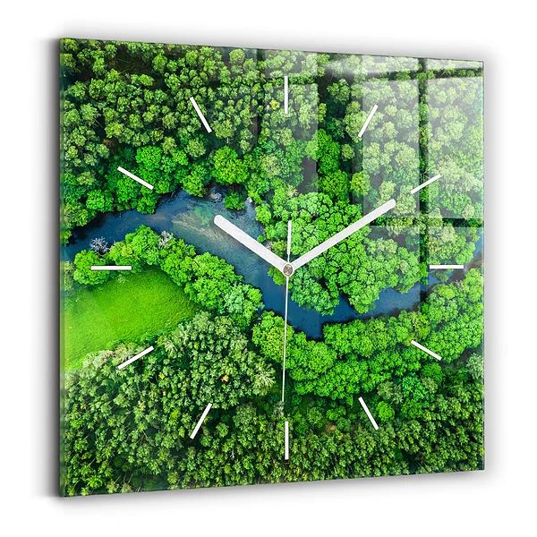 Ceas perete din sticlă pătrat Râu în pădure