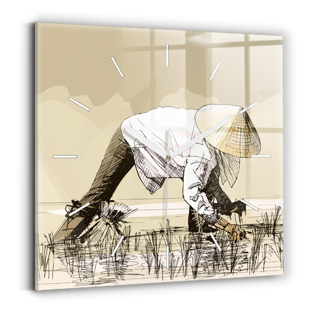 Ceas de sticlă pe perete pătrat Femeie care culege orez