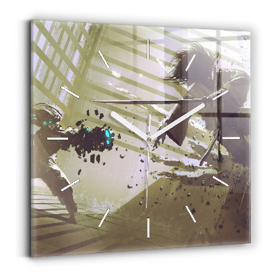 Ceas perete din sticlă pătrat Robot și samurai se luptă