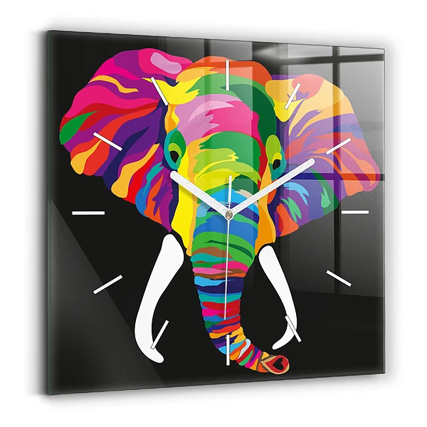 Ceas de sticlă pe perete pătrat Elefant colorat
