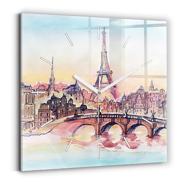 Ceas de sticlă pe perete pătrat Peisaj pictat din Paris