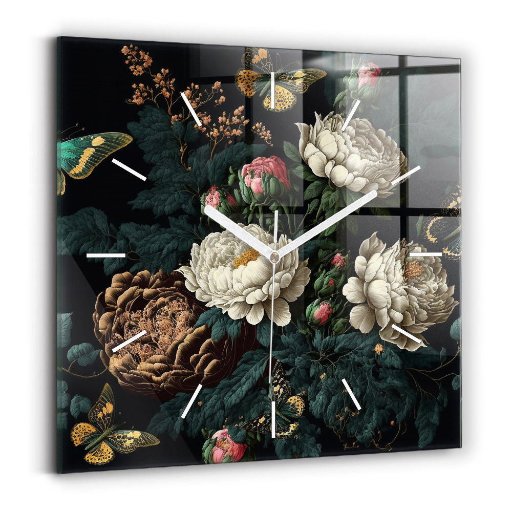 Ceas din sticlă pătrat Floare și fluturi aurii