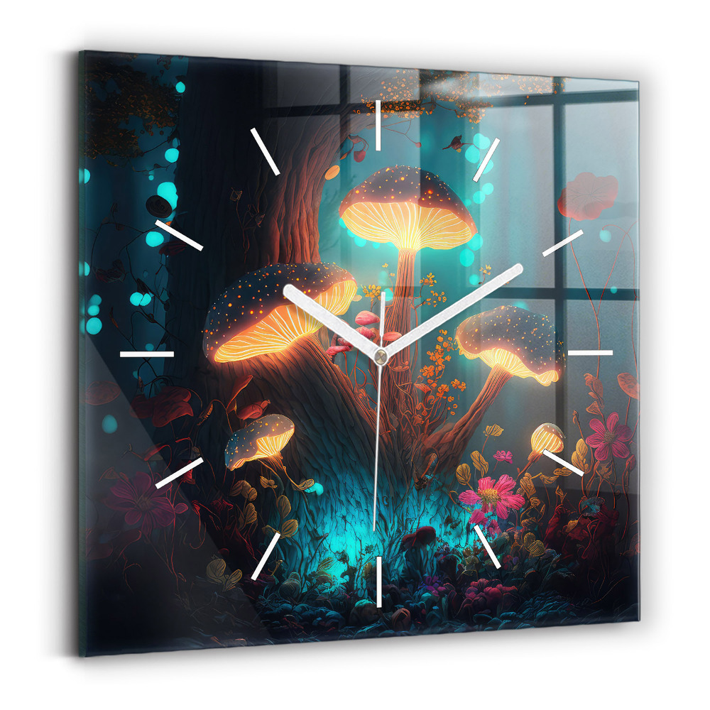 Ceas pătrat de perete din sticlă Pădure și ciuperci magice