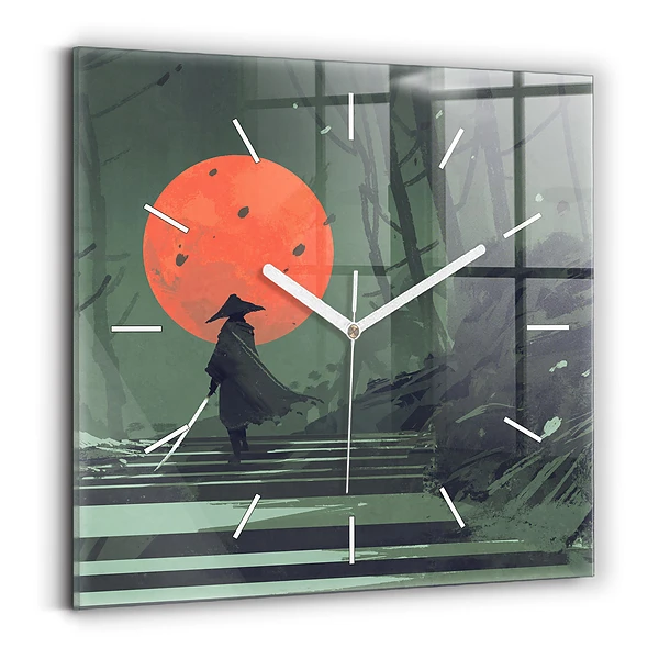 Ceas perete din sticlă pătrat Samurai în pădure