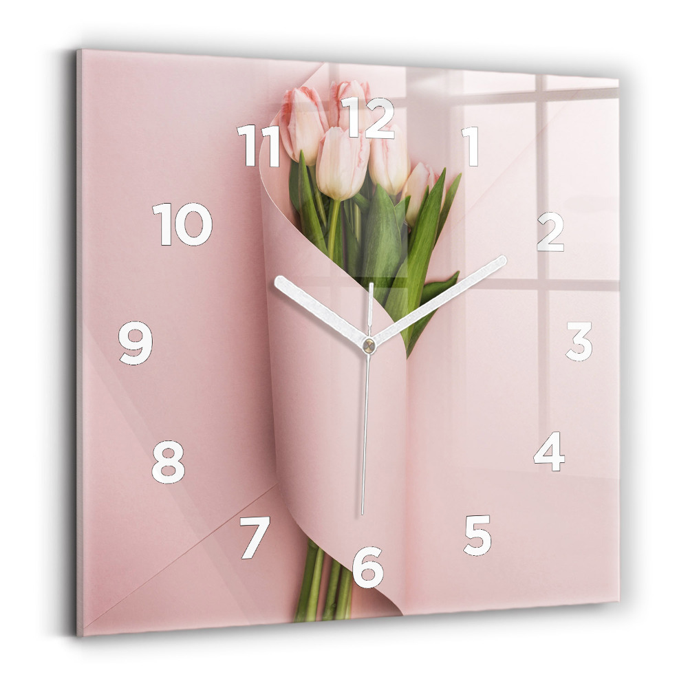 Ceas de sticlă pe perete pătrat Buchet de flori de lalele