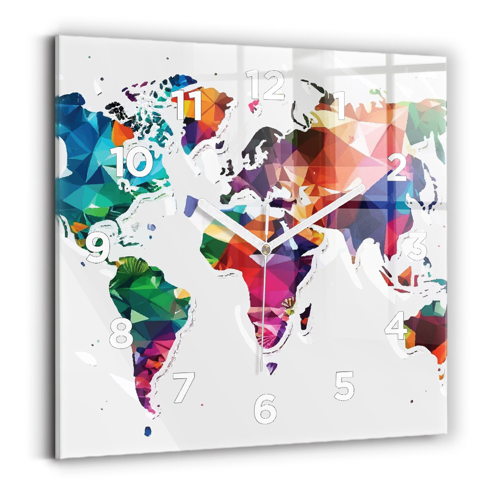 Ceas pătrat de perete din sticlă Harta lumii triunghiuri