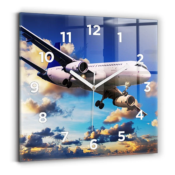 Ceas perete din sticlă pătrat Avion în nori