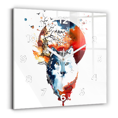 Ceas perete din sticlă pătrat Lupul și Luna Plină