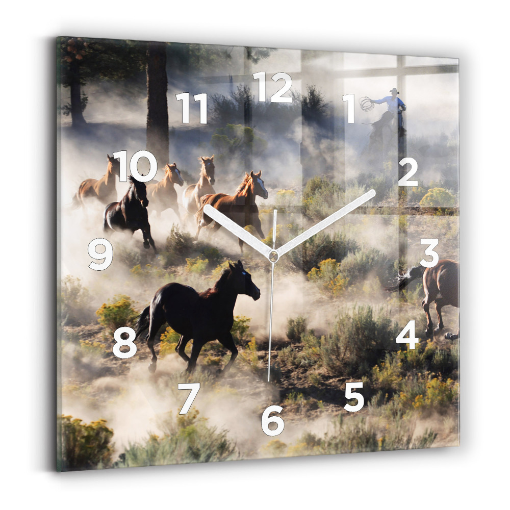 Ceas din sticlă pătrat O turmă de cai grăbiți