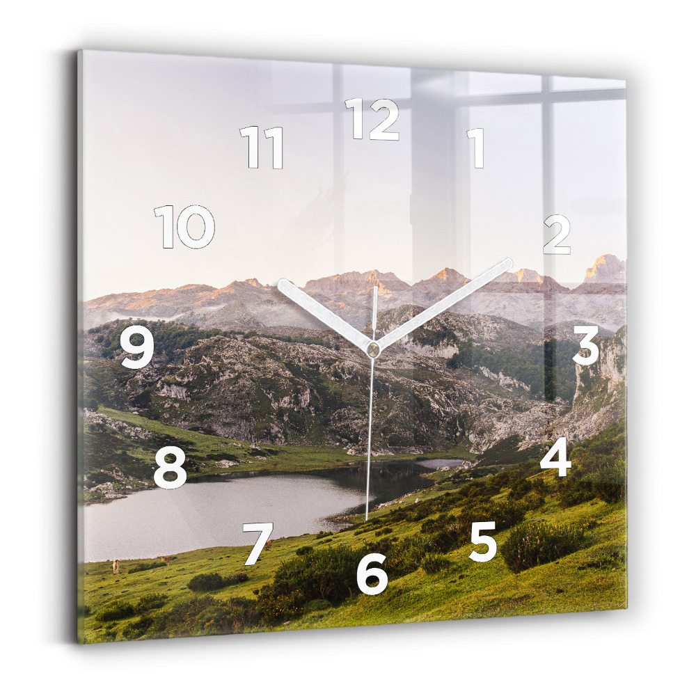 Ceas de sticlă pe perete pătrat Lacul și munții Pirinei