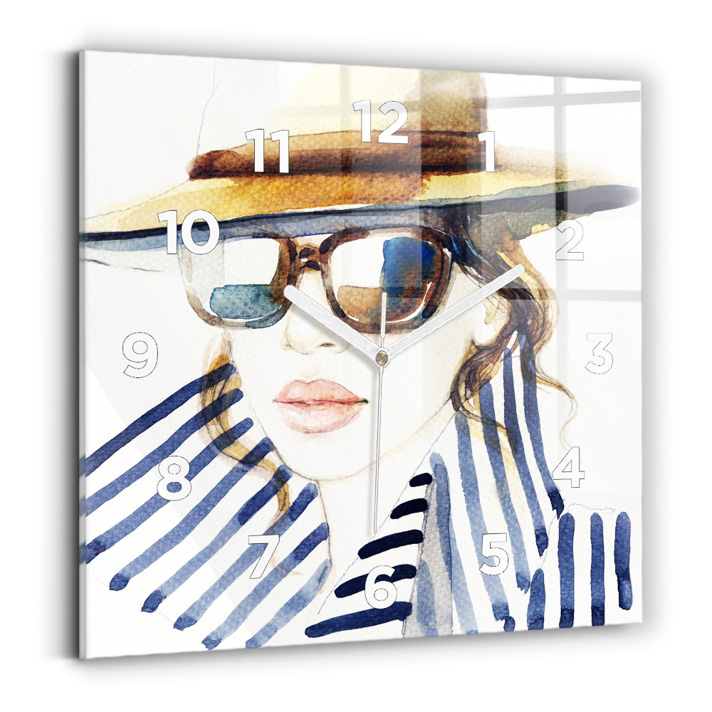 Ceas de sticlă pe perete pătrat Față cu ochelari și pălărie