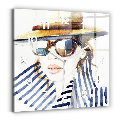 Ceas de sticlă pe perete pătrat Față cu ochelari și pălărie