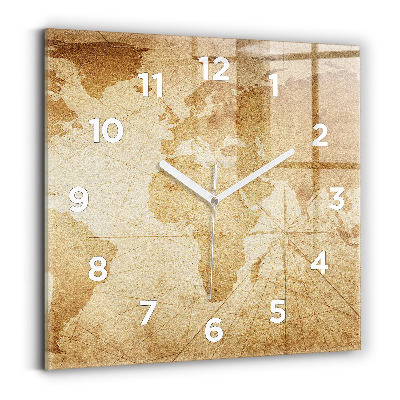 Ceas pătrat de perete din sticlă Harta lumii vintage